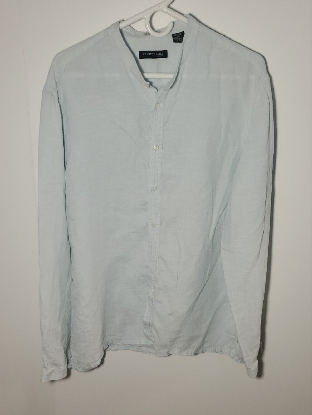 Kenneth Cole men's Light Blue Linen Band-Collar Button-Down Shirt Size L